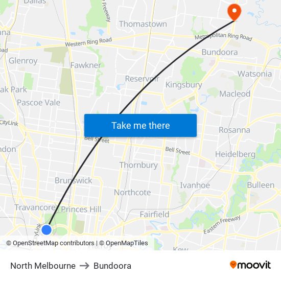 North Melbourne to Bundoora map