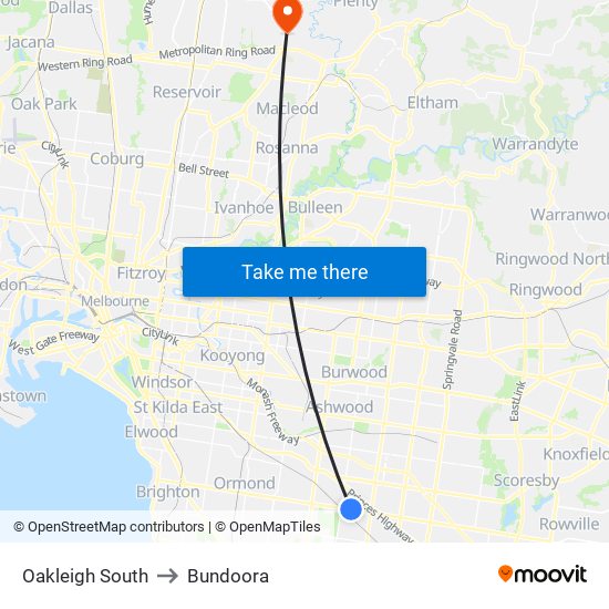 Oakleigh South to Bundoora map