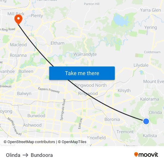 Olinda to Bundoora map