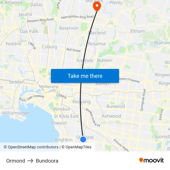 Ormond to Bundoora map
