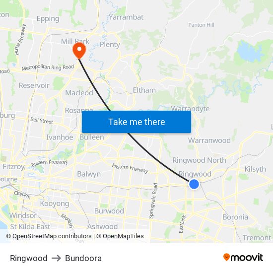 Ringwood to Bundoora map