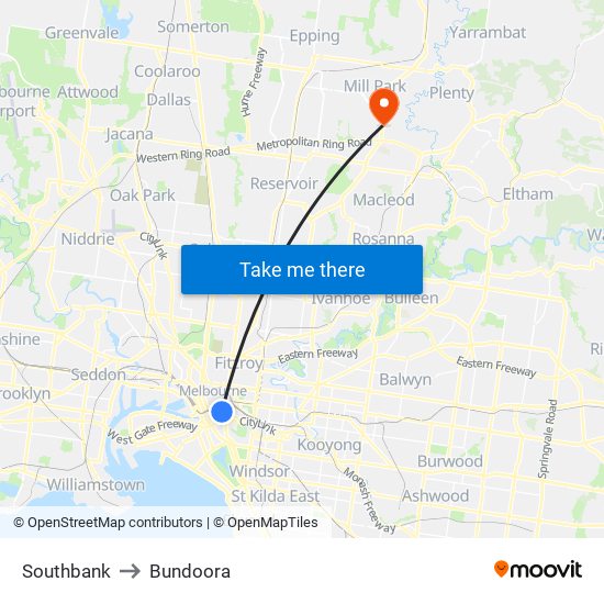 Southbank to Bundoora map