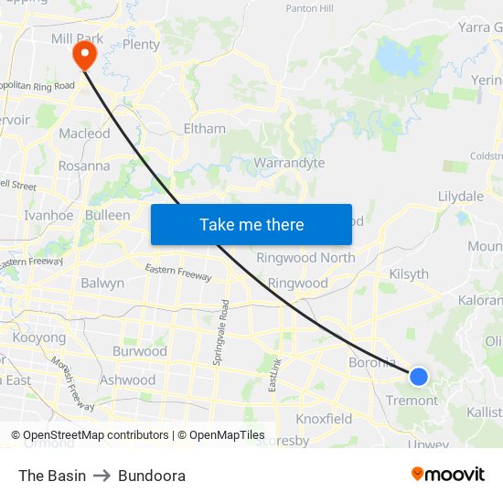 The Basin to Bundoora map