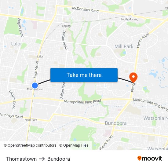 Thomastown to Bundoora map