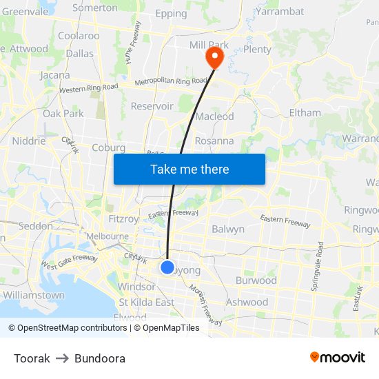 Toorak to Bundoora map