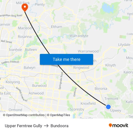 Upper Ferntree Gully to Bundoora map