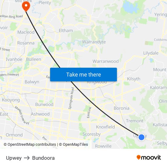 Upwey to Bundoora map