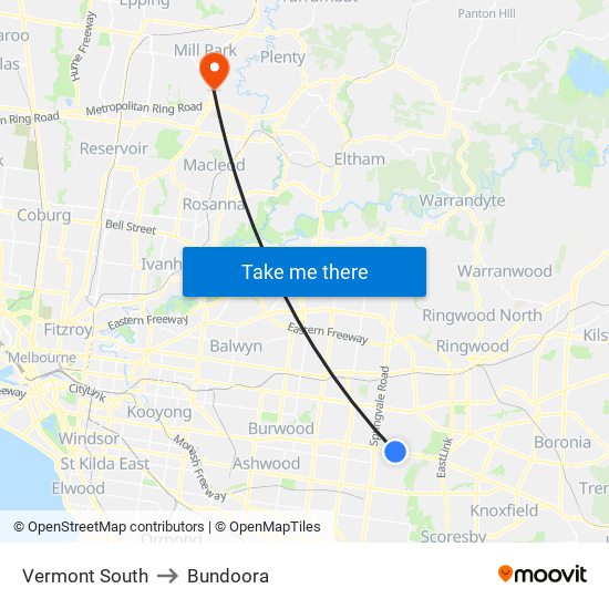 Vermont South to Bundoora map