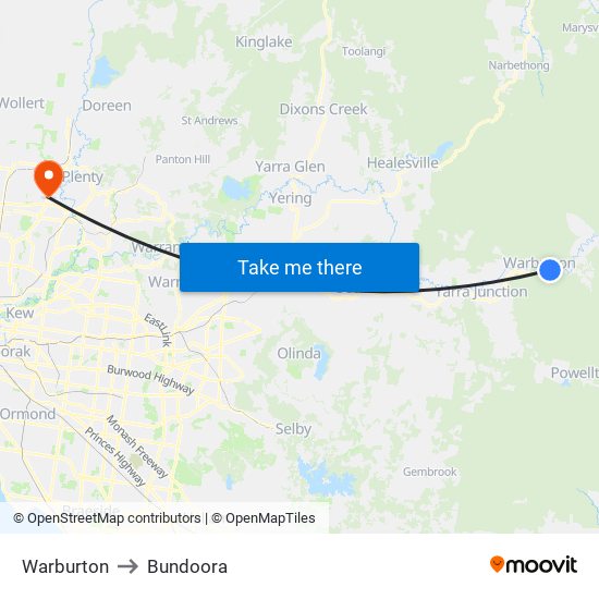 Warburton to Bundoora map