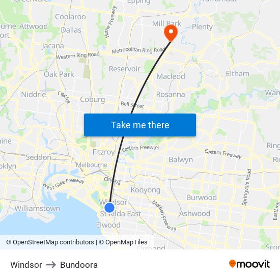 Windsor to Bundoora map