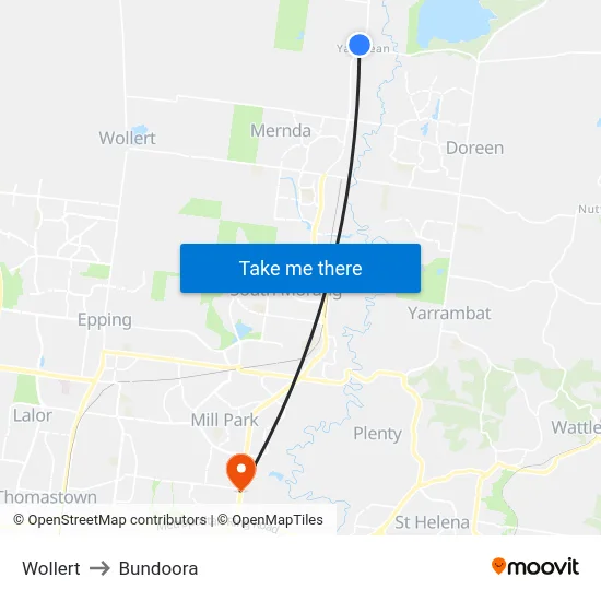 Wollert to Bundoora map
