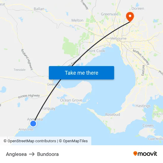Anglesea to Bundoora map
