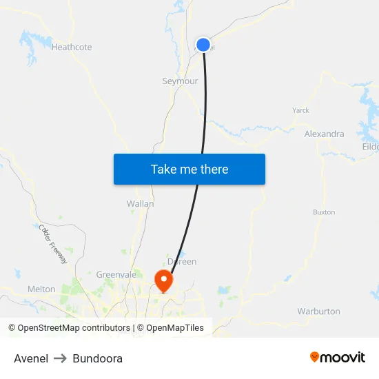 Avenel to Bundoora map
