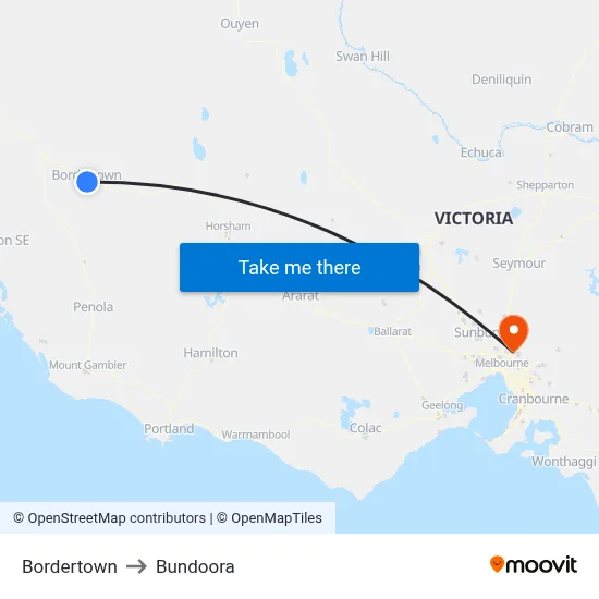 Bordertown to Bundoora map