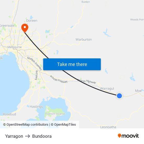 Yarragon to Bundoora map