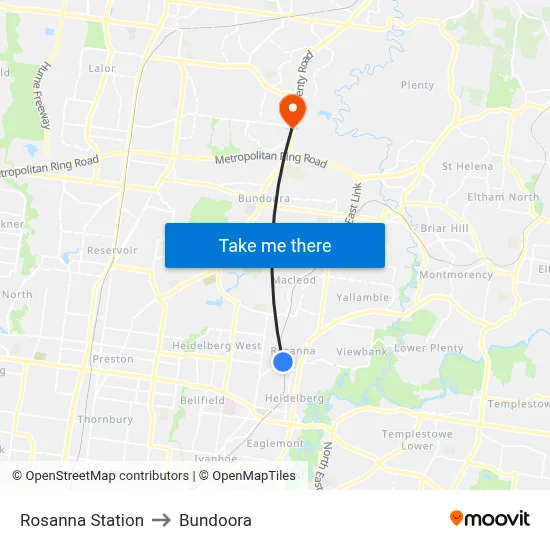 Rosanna Station to Bundoora map