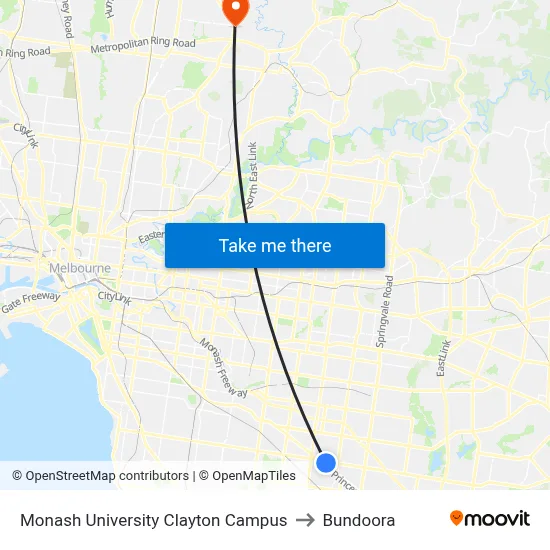 Monash University Clayton Campus to Bundoora map