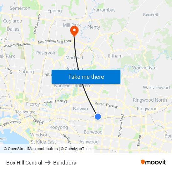 Box Hill Central to Bundoora map