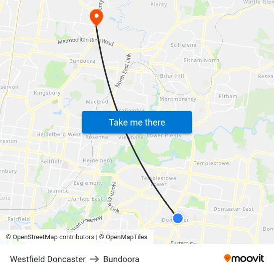Westfield Doncaster to Bundoora map