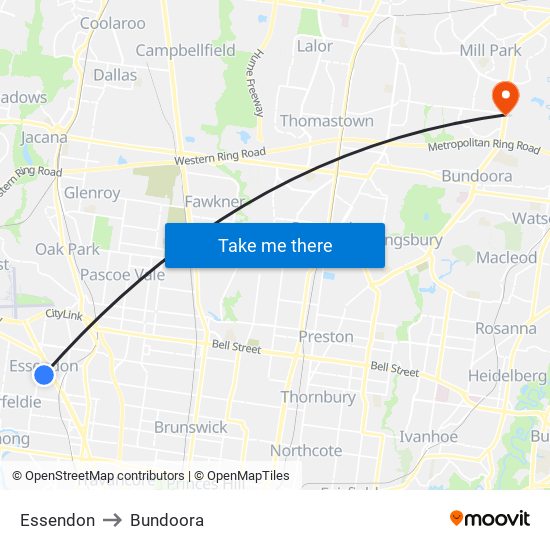 Essendon to Bundoora map