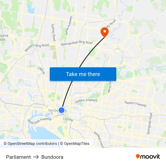 Parliament to Bundoora map
