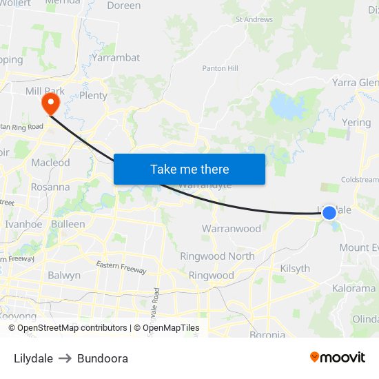 Lilydale to Bundoora map