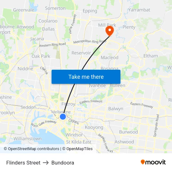 Flinders Street to Bundoora map