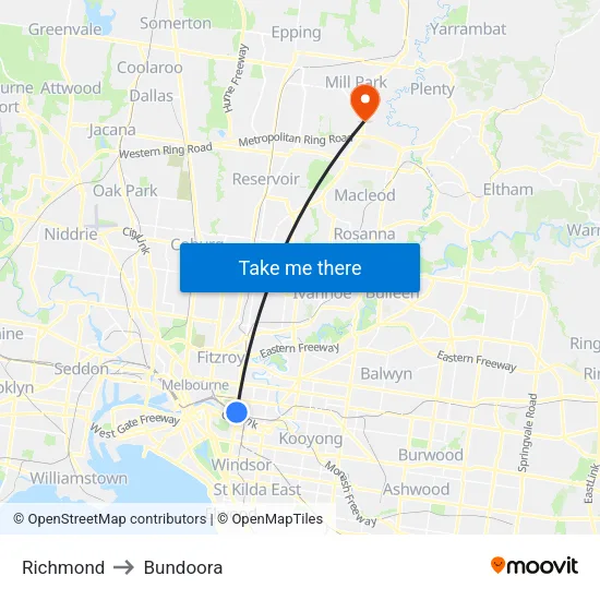 Richmond to Bundoora map