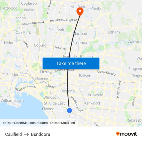 Caulfield to Bundoora map