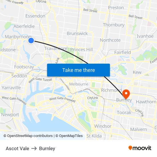 Ascot Vale to Burnley map