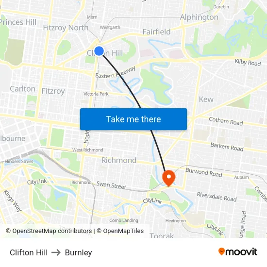 Clifton Hill to Burnley map