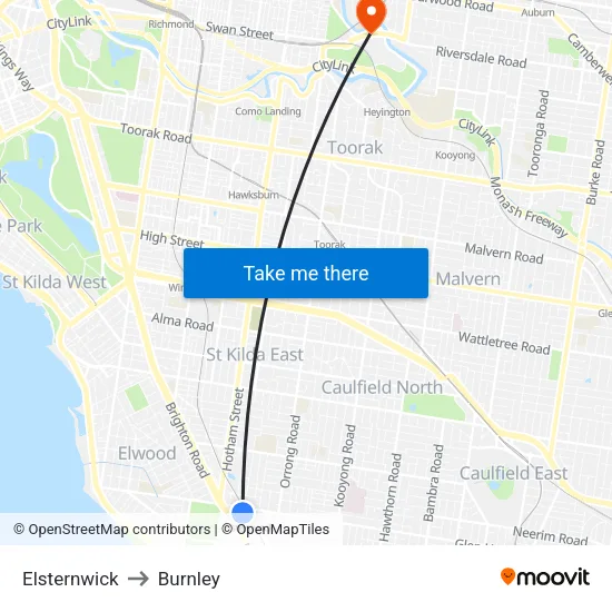 Elsternwick to Burnley map