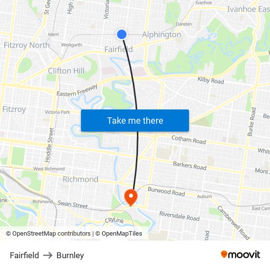 Fairfield to Burnley map