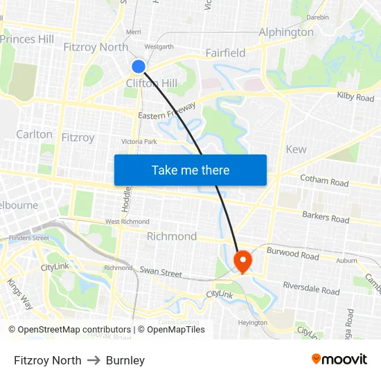 Fitzroy North to Burnley map