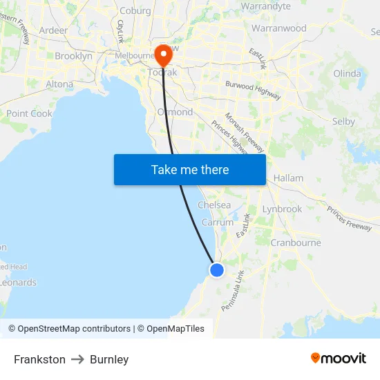 Frankston to Burnley map