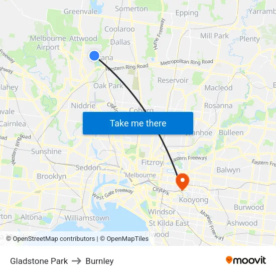 Gladstone Park to Burnley map