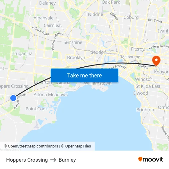 Hoppers Crossing to Burnley map