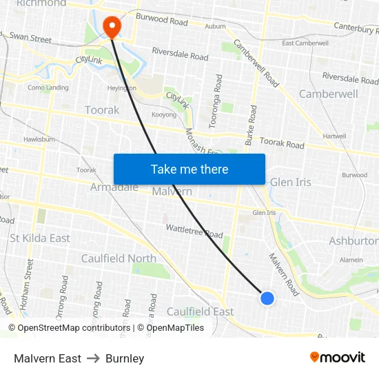 Malvern East to Burnley map