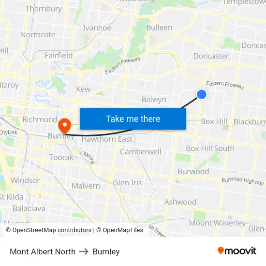 Mont Albert North to Burnley map