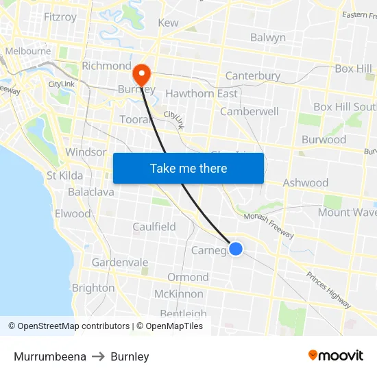 Murrumbeena to Burnley map