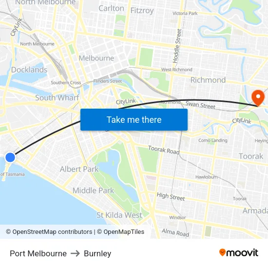 Port Melbourne to Burnley map