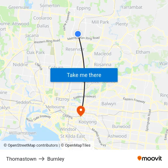 Thomastown to Burnley map