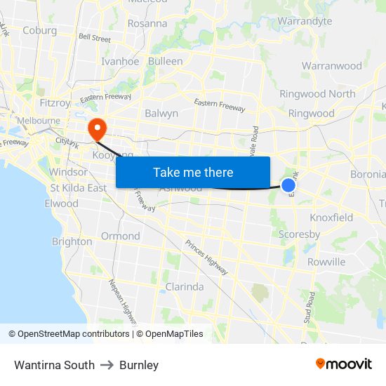 Wantirna South to Burnley map