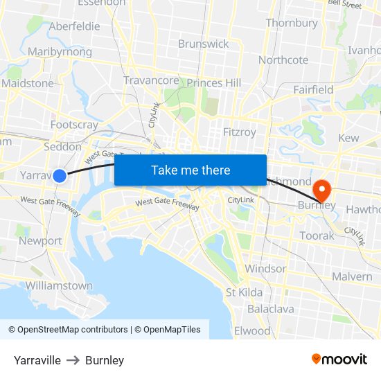 Yarraville to Burnley map