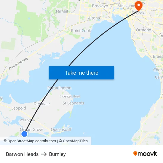 Barwon Heads to Burnley map
