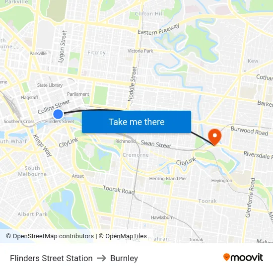 Flinders Street Station to Burnley map