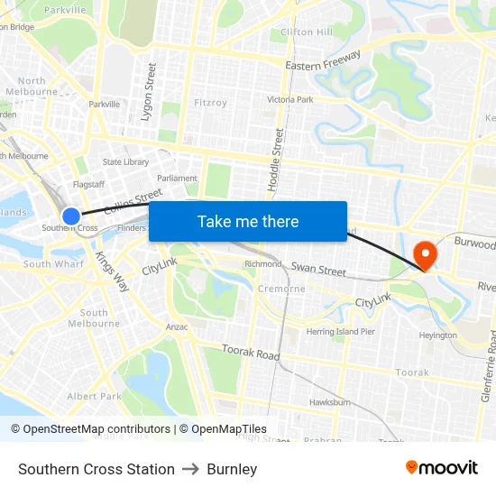 Southern Cross Station to Burnley map