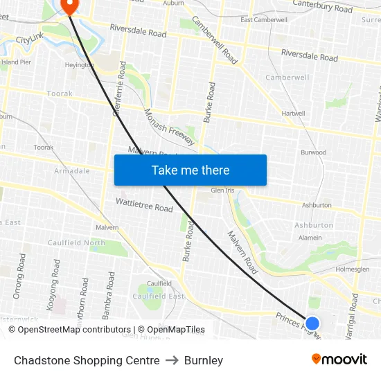 Chadstone Shopping Centre to Burnley map