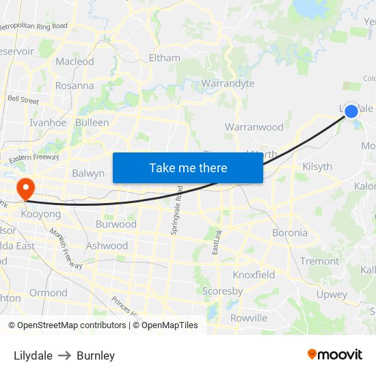 Lilydale to Burnley map