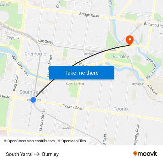 South Yarra to Burnley map